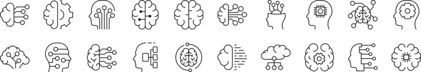 Set of Line Icons of Artificial Intelligence. Editable Stroke. Minimalistic Linear Pictogram for Design of Cards, Apps, Banners, Posts