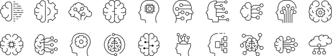 Artificial Intelligence Outline Web Line Icons Collection. Editable Stroke. Minimalistic Linear Pictogram for Design of Cards, Apps, Banners, Posts