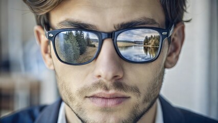Stylish young man wearing sunglasses with scenic reflection, showcasing confidence and coolness 