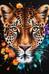 A vibrant painting of a leopard's face with vivid splashes of color