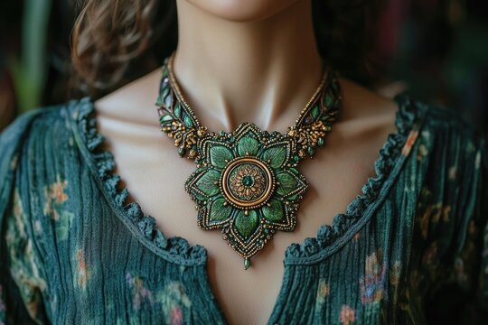 Woman wearing green and gold beaded necklace with flower design