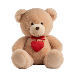 Obraz premium Cute Plush Teddy Bear With Red Heart On Chest Sitting Against A White Background