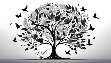 Obraz premium Illustration of a tree with leaves and birds, in silhouette against a white background, cre_1(626)