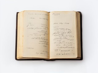 Obraz premium An open vintage notebook displays handwritten notes, capturing the essence of creativity and inspiration on a blank white background.