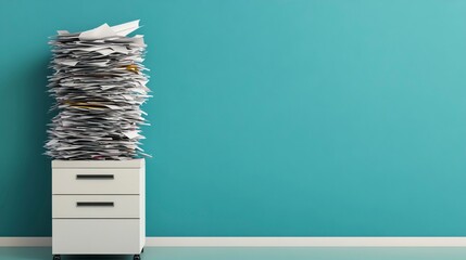 A cluttered stack of documents on a filing cabinet against a vibrant blue wall, symbolizing disorganization and office chaos.