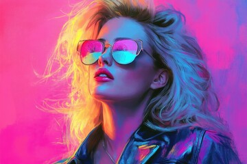 Obraz premium Blonde woman posing with sunglasses and leather jacket in front of colorful background