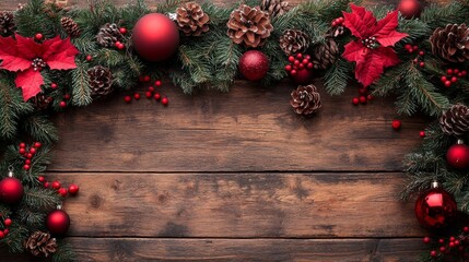 Wooden surface decorated with Christmas garlands, red baubles, pine cones, poinsettias, and red berry clusters