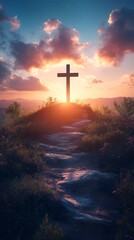 Fototapeta premium A cross atop the hill with a beautiful sunrise in the background, an Easter-themed background with copy space for text