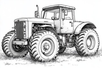 Obraz premium Powerful modern farming tractor parked in a field drawing