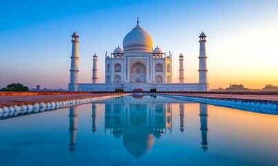 Naklejka premium Taj Mahal Serenity, the majestic Taj Mahal mirrored in tranquil waters, bathed in the warm hues of sunrise, evoking peace and beauty.