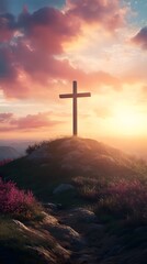 A cross atop the hill with a beautiful sunrise in the background, an Easter-themed background with copy space for text