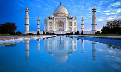 Fototapeta premium Taj Mahal at Sunrise, serene reflection in calm waters, soft hues illuminating the iconic marble structure, tranquil morning ambiance.