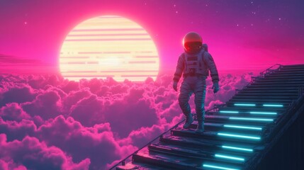 Astronaut walks up a glowing staircase towards a retro sunset in a dreamy cloudscape.