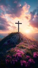 A cross atop the hill with a beautiful sunrise in the background, an Easter-themed background with copy space for text