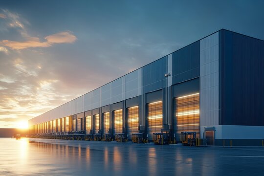 Stunning exterior of a modern warehouse with loading bays in blue and white at golden hour