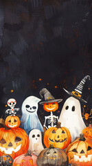 Aesthetic halloween watercolor mockup with pumpkins, ghosts, skeletons, pastel colors, dark background. Generative AI