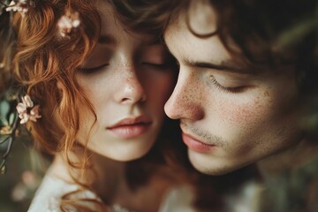 Obraz premium Young couple with freckles showing affection with eyes closed