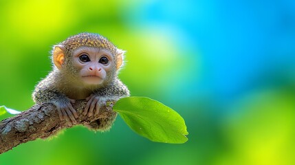Fototapeta premium Tiny pygmy marmoset perched amidst vibrant foliage in the Amazon rainforest, showcasing its delicate features and playful nature.