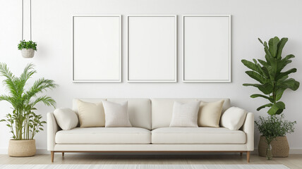 A modern living room featuring cozy sofa, empty frames, and lush plants