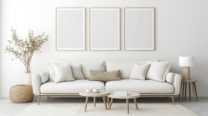 A modern living room featuring cozy white sofa, empty frames, and natural decor
