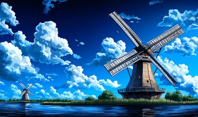 Windmills by the Canal, iconic Dutch scenery featuring traditional windmills reflecting in serene waters surrounded by lush greenery