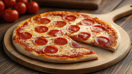 Delicious sliced pizza with pepperoni on wooden board, perfect for sharing!