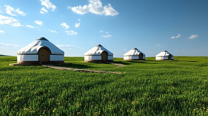 Mongolian Yurt Camp on Expansive Steppe, a serene cluster of traditional yurts surrounded by endless grasslands under a clear blue sky