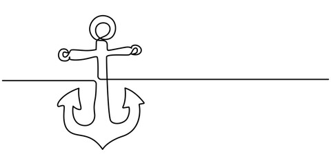 Continuous line drawing of sea anchor, Large sea anchor of the ship. Set of sea ocean elements. Continuous one line drawing of anchor banner. Linear style, Continuous one line drawing of anchor banner