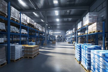 Brightly lit warehouse featuring blue and white racking systems filled with goods on pallets