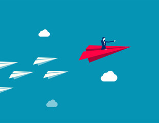 Naklejka premium Leadership to guide team direction lead to success, determination or decision to motivate team, power to control or influence people concept, confident businessman lead other paper airplane origami.