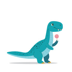 Friendly cartoon dinosaur holding a lollipop in a cheerful, playful pose against a vector background
