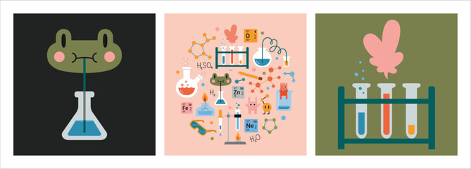 Education and study concept set with cute characters and composition. Chemistry lesson at school. Laboratory Test tubes, equipment for classes. Trendy modern vector illustration, hand drawn, flat