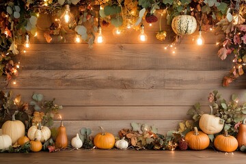 Charming rustic wooden autumn backdrop with pumpkins, gourds, and twinkling lights for weddings