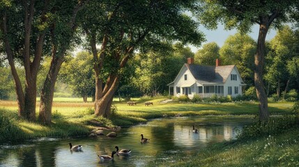 Obraz premium Peaceful Countryside Scene with a White Farmhouse and Ducks