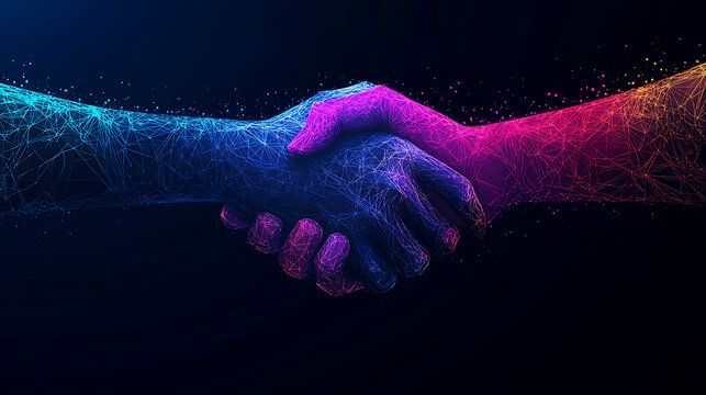 In a future, abstract setting, two luminous, computerized hands shake, signifying cooperation and teamwork.