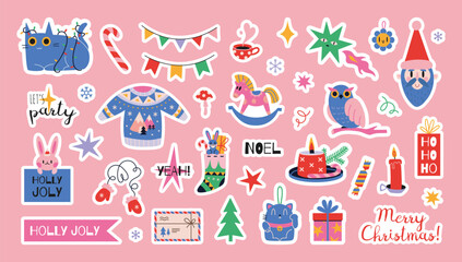 Cute stickerpack with New Year and Christmas attributes and trendy lettering in bright colors. Set of stickers for planner and diaries, vector flat illustration. Decorations for gift and postcards