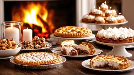 Thanksgiving cozy family moments by the Thanksgiving fireplace, sharing desserts and laughter, homemade pies, family togetherness