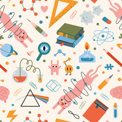 Seamless pattern on theme of physics and chemistry with cute characters. Science research, Education and study concepts. Trendy modern vector illustration on light background, hand drawn, flat