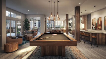 A stylish game room featuring a sleek pool table at the center, surrounded by modern and comfortable seating.