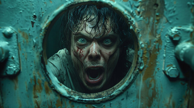 Man in a psych ward, looking out of a little window on the doors. screaming and shouting. Despair, eerie, haunted, movie poster