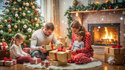 A cozy Christmas morning scene with a family unwrapping gifts by the fireplace, snow falling outside