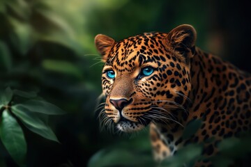 Fototapeta premium Leopard Portrait with Blue Eyes in Lush Green Forest
