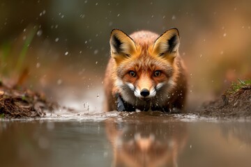 Obraz premium Red Fox Drinking Water in Rain