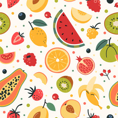 Seamless patter with tropical fruit on light background. Healthy eating and fresh food. Trendy modern vector illustration, hand drawn, flat