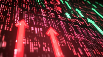 Red and Green Arrows Rising on a Digital Background