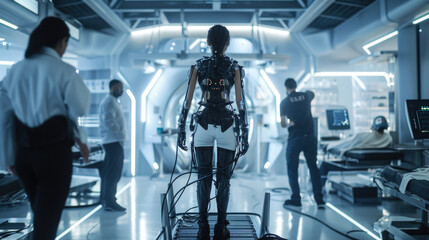 Obraz premium A woman is standing right next to a robot in a spacious room