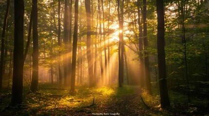 Naklejka premium Golden Rays Through a Misty Forest