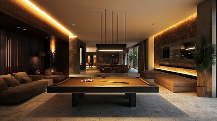 Fototapeta premium A stylishly designed game room centered around a modern pool table, with cozy seating and ambient lighting for an inviting atmosphere.