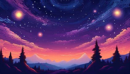 Swirling Stars and Glowing Skies Above Mountain Peaks, Capturing the Magic of a Cosmic Evening Graphic art illustration