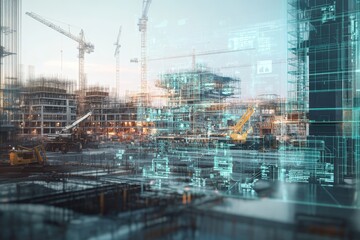 Futuristic construction site featuring holographic data and ai tools for advanced building design